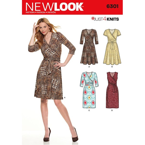 New Look U06301A Misses' Mock Wrap Knit Dress Sewing Template,