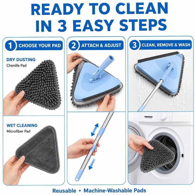 Wall Mop Cleaner with 80 Inch Handle and 360 Swivel
