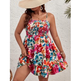 844 - Smocked Chest Strapless Ruffle Hem Tube Long Maxi Beach Cover-up Dress Plus Size, Floral Red, 4X