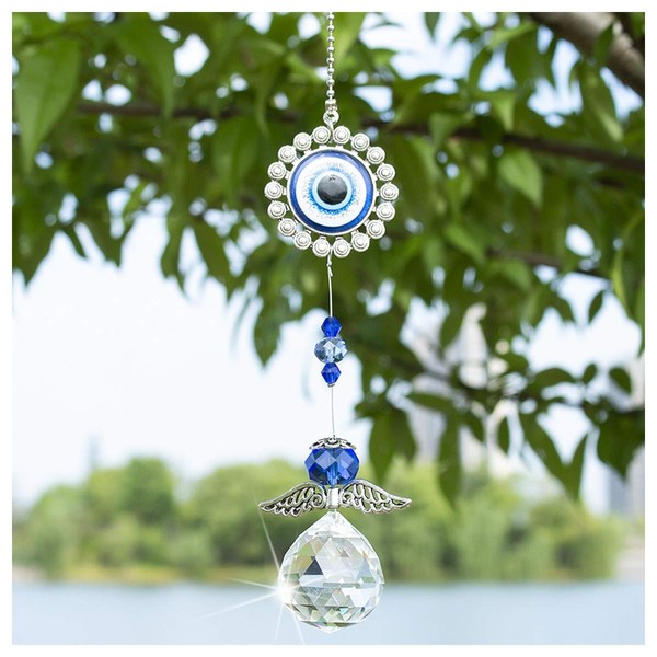 Crystal Angel Suncatcher with Feng Shui Turkish Blue Evil Eye Protection and Good Luck Charm Gift