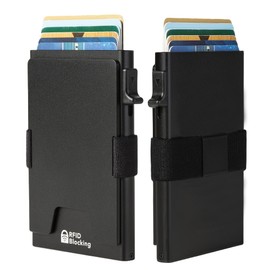 GOLRIDI Minimalist Mens Card Holder Wallet, RFID Blocking Slim Smart Pop Up Aluminum Wallet,Holds 12+ Cards,Expandable Compact Plate,Cash Strap/Money Clip (Black)