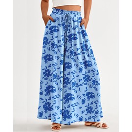 BTFBM Women Casual High Waist Wide Leg Pants Summer Floral Solid Long Palazzo Pants Lounge Beach Trousers with Pocket(Print Blue, Medium)