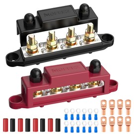 MOFEEZ Power Distribution Block Bus Bar, 4 x 5/16" Post Marine Bus Bar Battery Busbar Terminal Block with Cover, Lugs, Ring Terminals (Pair, Red & Black)
