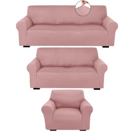 Peryiter 3 Pcs Slipcover Set for Couch Furniture Covers for Sofa Loveseat Couch Arm Chair, Form Fit Stretch, Wrinkle Free, Furniture Protector (Light Pink,Milk Silk Spandex)
