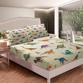 Homemissing Dinosaur Fitted Sheet Set Double Size For Kids Boys Teens Dino Bed Sheet Set Dino Bedding Set Decorative Bedspread Cover Deep Pocket with 2 Pillowcase,3Pcs