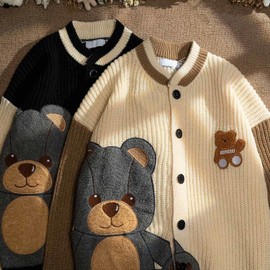 Women Button Up Varsity Sweater Knitted Cardigan Cute Bear Graphic Embroidery Jacket Pullover Top (Apricot, XL)