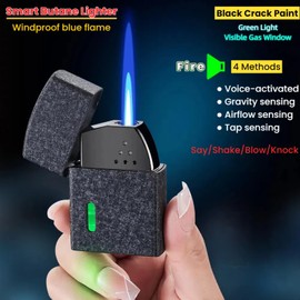 NINSI Smart Butane Torch Lighter with 4 Ignition Methods, Voice Activated Windproof Lighter, Straight Jet Blue Flame Refillable Lighters for Candles, Camping (Fuel Not Included) (Black)