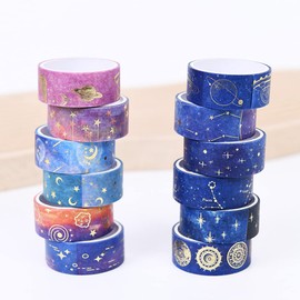 12 Rolls Galaxy Washi Tape, BetterJonny Gold Foil Decorative Masking Tape Scrapbook Tape Stickers for DIY Art Craft Gift Wrapping Decoration
