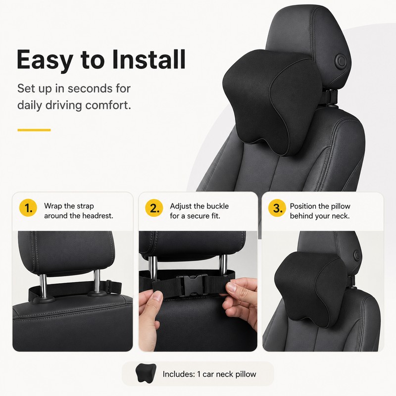 Memory Foam Car Neck Pillow with Adjustable Headrest Strap, Removable