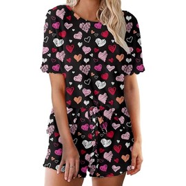 Women's Ruffle Short Sleeve Tops and Shorts Valentiens Day Red Heart Pajamas Sets SBCOH XL