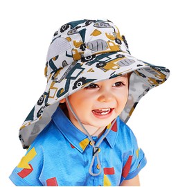 XYIYI Kids Yellow Excavator Sun Hat Flap Neck Protection Adjustable Chin Straps Sun Protection Hats for 3-8 Years Old Boys Girls