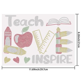 SUPERDANT Books and Pens Iron on Rhinestones Teach Love Inspire Bling Glass Rhinestone Decals Teachers DIY Hotfix Transfer Stickers Crystal Heat Rhinestone Patches for T-Shirt Kids Clothing Hoodies
