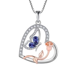 Rocayi Love Heart Butterfly Necklace for Women 925 Sterling Silver Tanzanite Necklace December Birthstone Pendant Rose Flower Dainty Jewelry Gifts for Women Wife Girlfriend Mother Daughter Her
