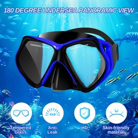 Snorkeling Gear for Adults & Scuba Diving Mask with Tempered Glass Lens, 180° Panoramic Wide View Scuba Mask for Diving, Snorkeling, Swimming(Black Blue)