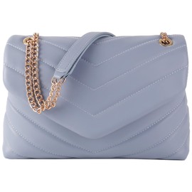 Quilted Crossbody Bag for Women, Soft Vegan Leather Chevron Purses, Trendy Shoulder Handbags with Gold Chain Strap (Blue)