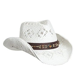 Vamuss Straw Cowboy Hat W/Vegan Leather Band & Beads, Shapeable Brim (White)
