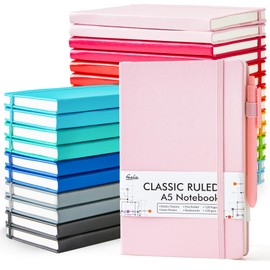 feela 24 Pack Journal Notebook Bulk for Work, Business Notebook Hardcover Lined Writing Journal with Pen Holder for Students Women Note Taking, with 24 Black Pens, 120 GSM, 5.1”x8.3”, A5, Solid Colors
