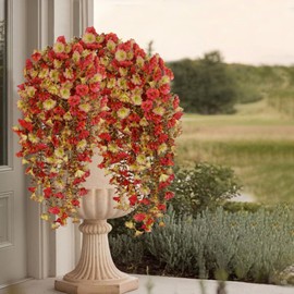 ACRYCS 4 Pcs Artificial Hanging Flowers for Outdoors Fall Morning Glory Artificial Flowers Autumn Decoration Yellow and Red Faux Flowers for Outdoor Planters Front Door Porch Patio Yard Decor