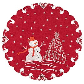 Beautifully Elegant Silver Star Topped Trees and Snowman on Red Linen Doily, Table Topper, Small Tablecloth, Table Centerpiece (23" Round)