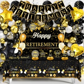 Retirement Party Decorations for Men Women 109Pcs Black Gold Happy Retirement Decorations Retirement Banner Backdrop Balloons Sash Hanging Swirls Pompoms Tablecloth Honeycomb Centerpiece(Black Gold)