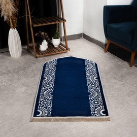 Modefa Turkish Islamic Prayer Mat - Chenille with Foam and Carrying Bag - Intricate Praying Rug Ramadan Eid Gift - Traditional Muslim Janamaz Seccade for Men Women - Mustaqim (Navy)
