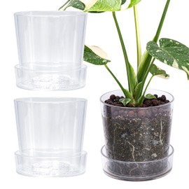 Phoenix Vine 6.5 Inch Clear Acrylic Planter Pot with Tray, Orchid Pot with Drainage Holes, Deep Saucer for Bottom Watering, Transparent Containers for Indoor Plants, Herbs, Set of 3, 91-A-F-3