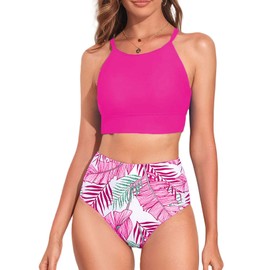 Vozobi Women's Bikini Sets High Neck Crop Top High Waisted Two Pieces Swimsuits Tummy Control Tankini Bathing Suits