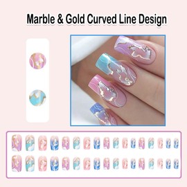 ANDGING Marble Press on Nails Square Short Medium Pink Fake Nails with Gold Leaf Curved Line Design fake nails for Women Girls Acrylic False Nails with Glue Gel stick on nail for Birthday Wedding