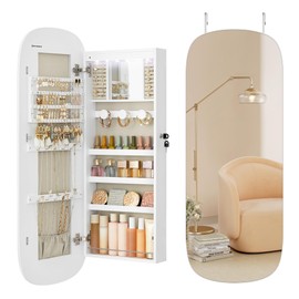 SONGMICS Jewelry Organizer, LED Jewelry Cabinet Wall/Door Mounted, Lockable Rounded Wide Mirror with Storage, Interior Mirror, 3.9 x 16.5 x 42.5 Inches, White Surface with Greige Lining