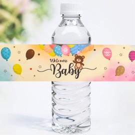 URROMA 48 PCS Water Bottle Labels Welcome Baby, Lovely Bear Gender Reveal Bottle Wrappers Baby 1st Birthday Party Water Labels Supplies Waterproof Baby Shower