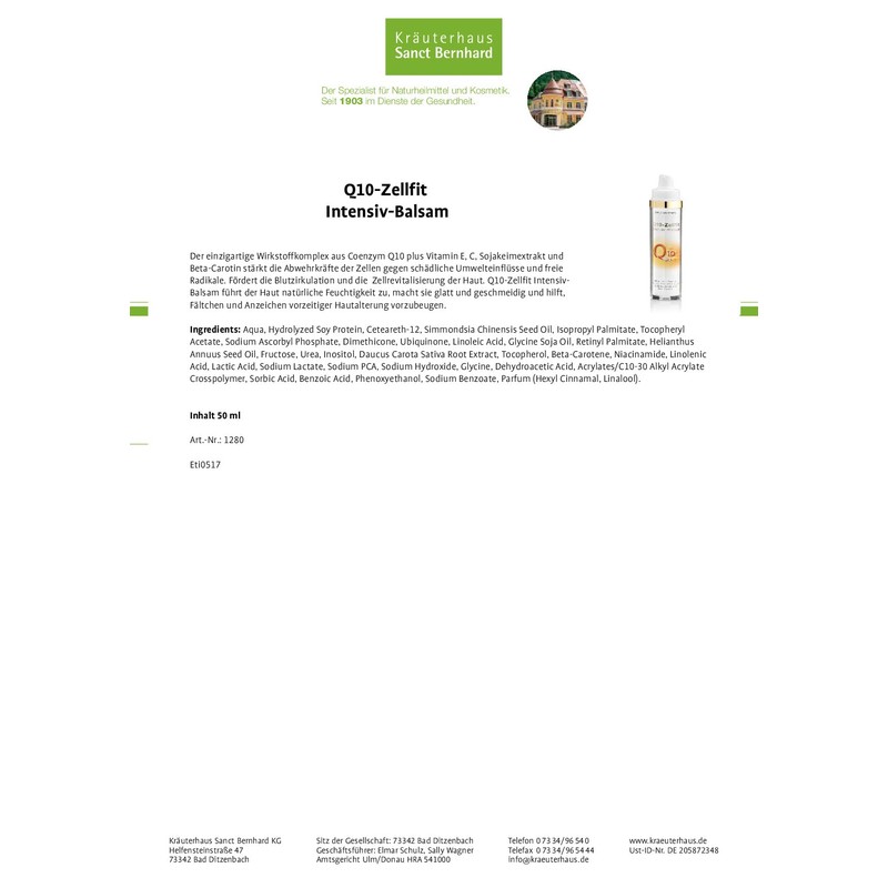 Sanct Bernhard Q10 Zellfit Intensive Balm 50 ml Cream 50 g