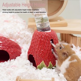 Hamster Water Bottle, Strawberry Ceramic Hamster Water Bottle for Glass Tank, 80ML Water Bottle Holder with 2 No Drip Caps for Syrian Dwarf Hamster Mice Gerbil