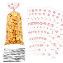 BOEIAC 100 Pieces Paw Print Dog Treat Bags, Dog Print Cellophane Treat Bags, Dog Paw Print Gift Bags, Heat Sealable Candy Bags with 100 Silver Twist Ties for Pet Birthday Party Favor Supplies, Pink