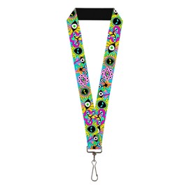 Buckle-Down Lanyard, Funky Alien Flowers Aqua Blue Multi Color, Elastic