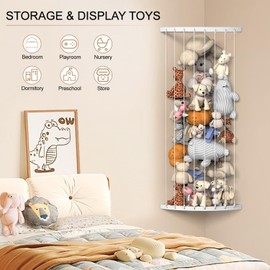 Corner Stuffed Animal Storage Organizer, Toy Stuffed Animals Hammock Net Adjustable Length, Spave Save for Hanging Wall Plush Toy Holder, Kids Furniture room Decor for Nursery Playroom Bedroom, White