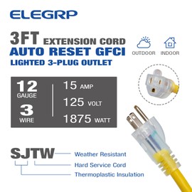 ELEGRP 15 Amp Auto Reset Inline GFCI Extension Cord 3ft 12/3 SJTW Heavy Duty Yellow Cable 3 Wires 3 Prongs Grounded Plug with 3 Electrical Power Outlets with LED Lighted, UL Listed