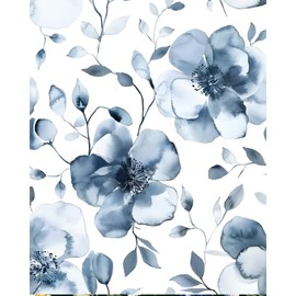 Blue Floral Peel and Stick Wallpaper White Watercolor Vintage Boho Colorful Self Adhesive Paper For Bathroom Bedroom Cabinet Vinyl Waterproof Removable Farmhouse Dorm Renter Friendly 17.5" x 118"