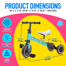 3 in 1 Kids Tricycles - Balance Training Bike Convertible Toddler Walker Riding Toys for 10 Month to 3 Year Old Boys Girls w/Removable Pedals, Carbon Steel Frame, Adjustable Seat Height (Unicorn)