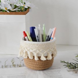 Cesta de almacenamiento Boho, soporte decorativo tejido para peines, cepillos y accesorios para el cabello, contenedor versátil para exhibición en escritorio, almacenamiento ecológico para cosméticos