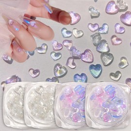 4 Boxes Heart Nail Art Charms for Valentine's Day, Mixed Size Crystal Jewelry 3D Shiny Aurora Love Heart Nails Gems Rhinestones for Women Girls Acrylic Nail Decoration Supplies, Craft DIY Accessories