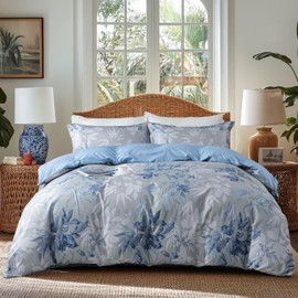 OAITE Duvet Cover Queen Size,Reversible Flower Blue Duvet Cover Set with Zipper Closure, 3 Pieces Modern Patterns Soft Microfiber Bedding Set with 4 Ties(90’’*90’’,2 Pillow Cases)