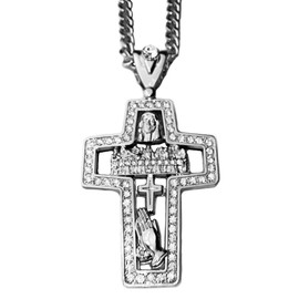 Bling Cartel Mens Huge See Through Combo Cross Pendant Necklace Jesus Last Supper Praying Hands Silver Tone Cuban Hip Hop Chain 30" Inch