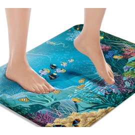 Britimes Blue Sea Bath Mat,Water Plants and Tropical Fishes Summer Bathroom Rugs No Silp,Undersea Sence Washable Cover Floor Rug Carpets Floor Mat 16x24 Inches for Kitchen Bedroom