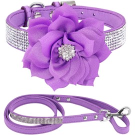 Haoyueer Cute Dazzling Sparkling Elegant Fancy Soft Suede Leather Bling Rhinestone Crystal Jeweled Pet Cat Dog Puppy Collar Dog Leash Combo Set (Purple7, M), Medium
