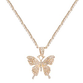 Rhinestone Butterfly Pendant Necklace for Women Exaggerated Big Butterflies Chokers Necklace Sparkly Crystal Butterfly Statement Neck Jewelry (Gold, One size)
