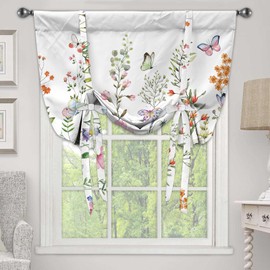 Xiaoput Colorful Flowers Butterflies Tie Up Valance Curtain for Windows, Modern Minimalist Floral Printed Valance Adjustable Window Treatments Shade Valance for Kitchen Living Room Bedroom 34X45IN