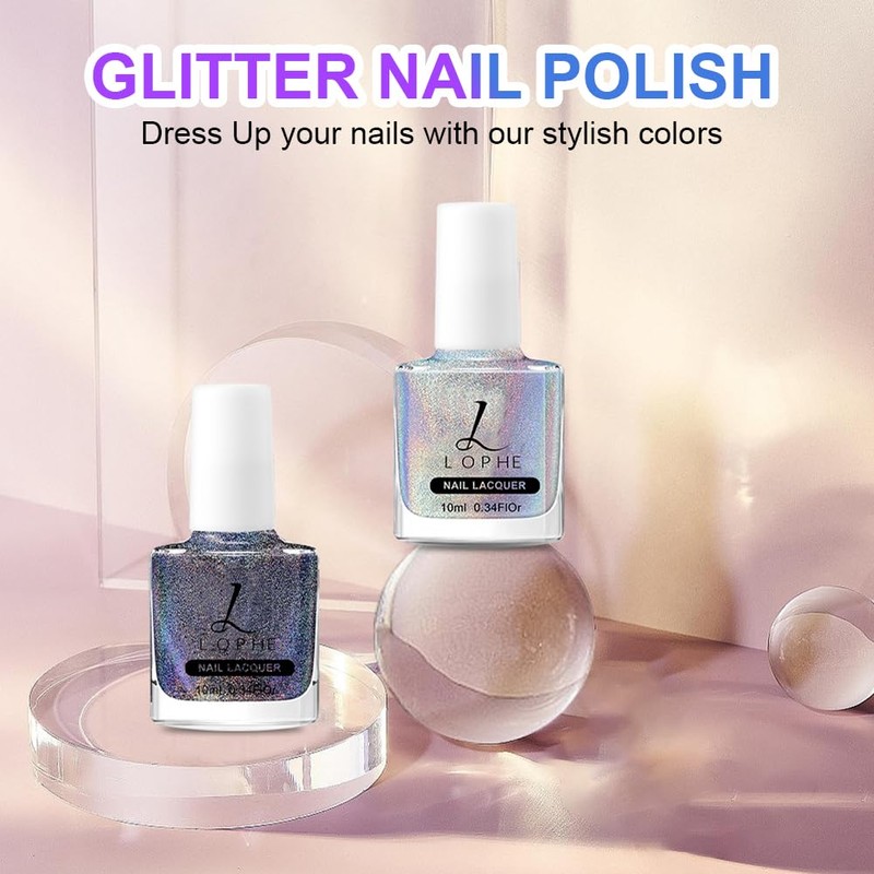 LOPHE Glitzer Nagellack, Nagellack Holographic Glitter Reflective, Schnelltrocknend Shimmer Nagellack,