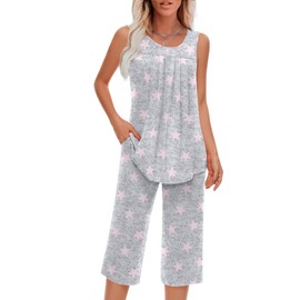Findsweet Pajamas Sets for Women Soft Sleeveless Pjs Tank Top and Pants with Pocket Ladies Loungewear Sets M, fl Pink Star