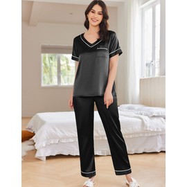 Ekouaer Women Sleepwear Long Pant Pajama Set Soft Pajama Satin Pjs Loungewear Two Piece Short Sleeve Pj Set Black M