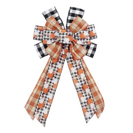 Fall Pumpkin Bow for Wreath, Black White Orange Buffalo Plaid Wreath Bow for Fall Décor - Autumn Thanksgiving Bow for Front Door Indoor Outdoor Wall Decoration Supplies Ornaments